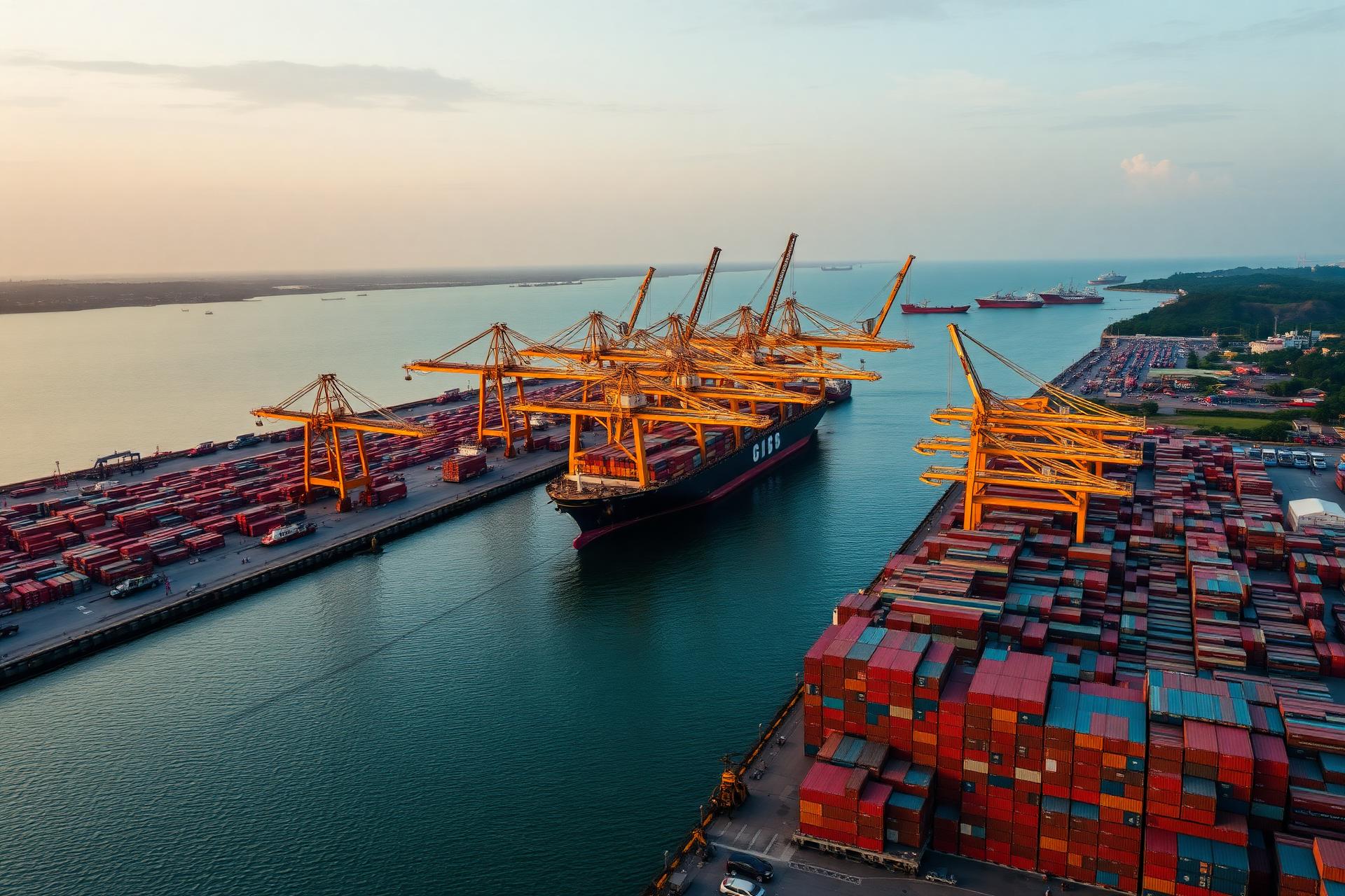 Container port at sunset